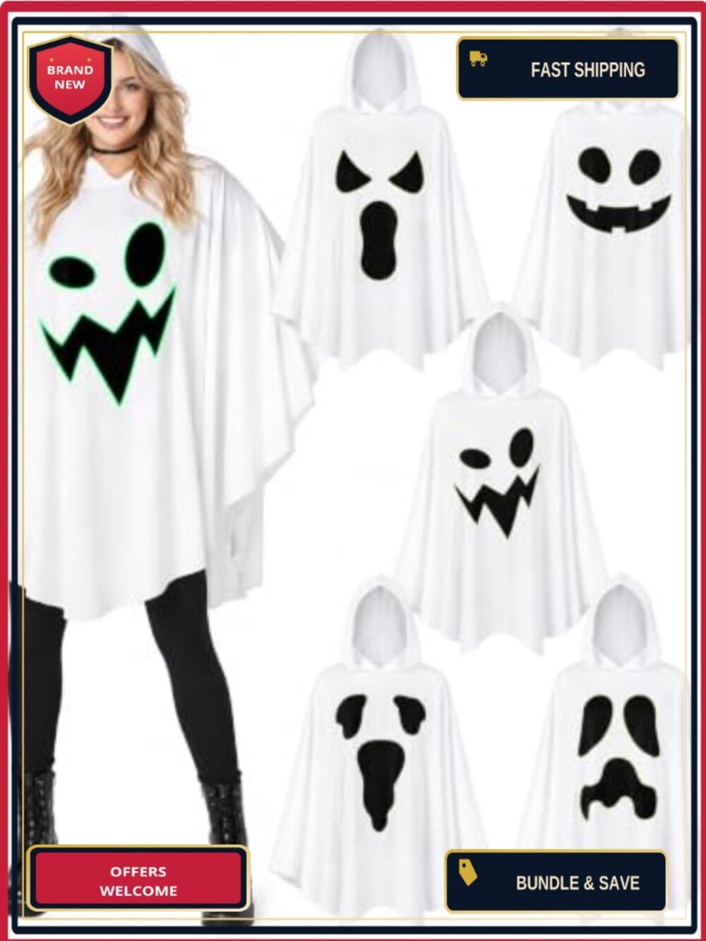 5 Pack Glow in the Dark Ghost Poncho Halloween Costumes Adult Group